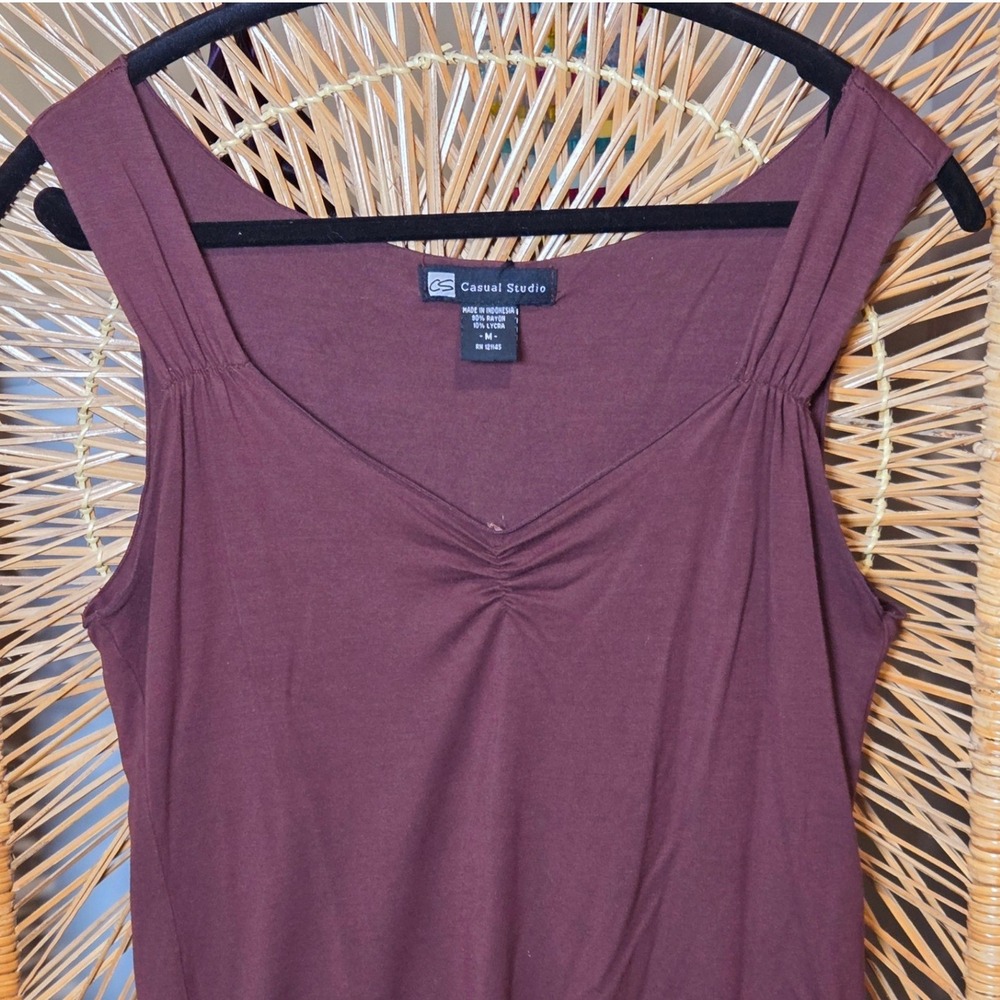Casual Studio Women Medium Y2K Tank Top Brown V-Neck‎ Ruched Minimalist